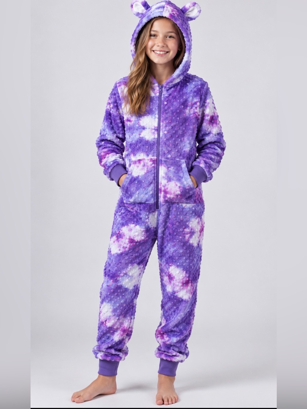 Triple Flip Minky Dimples Cozy Purple Tie-Dye Fleece Kids One-Piece with Hood